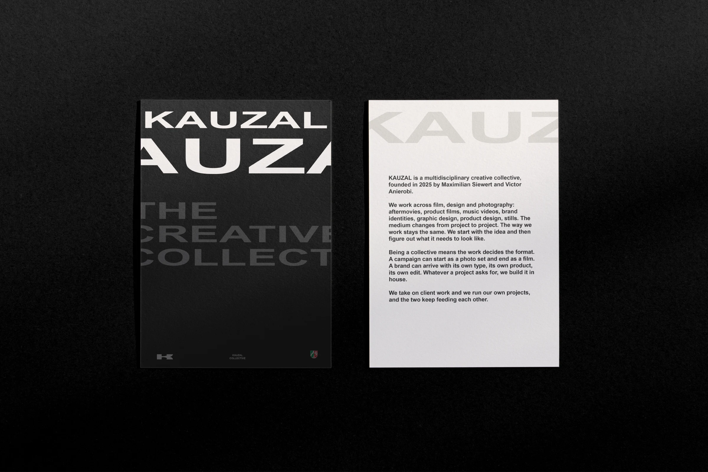 Black and white KAUZAL collective presentation cards.