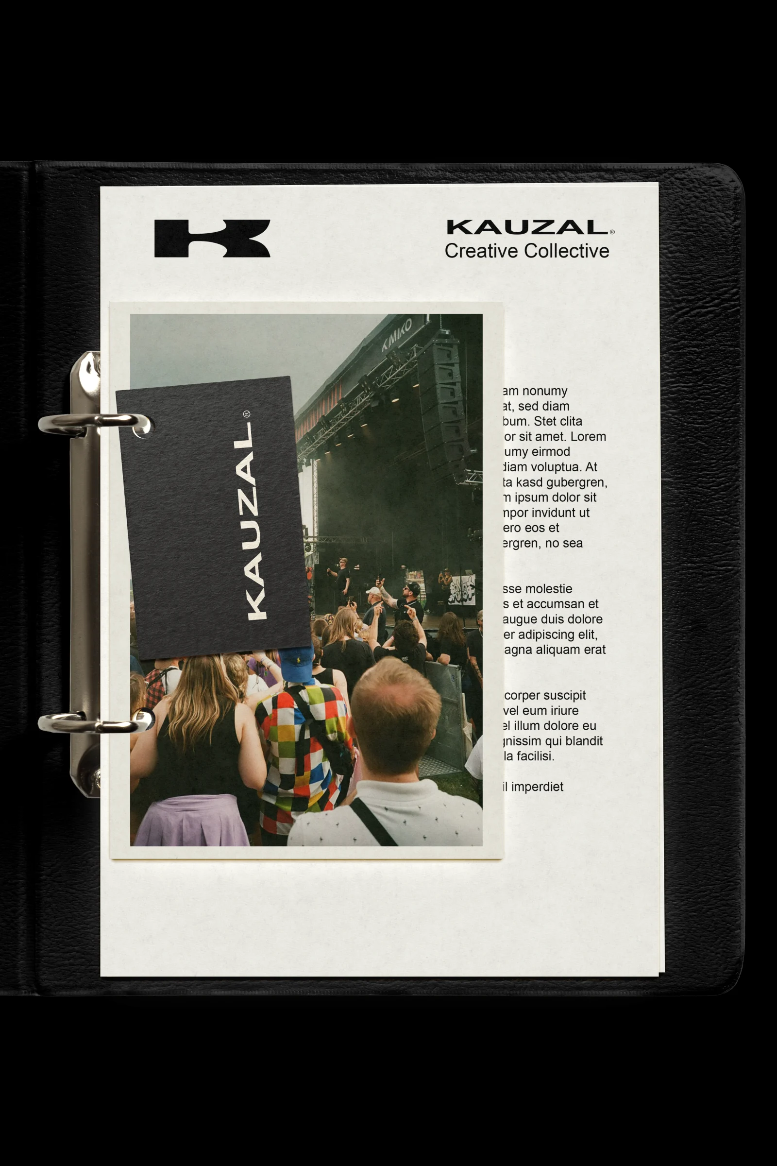KAUZAL field book with event photography and identity material.